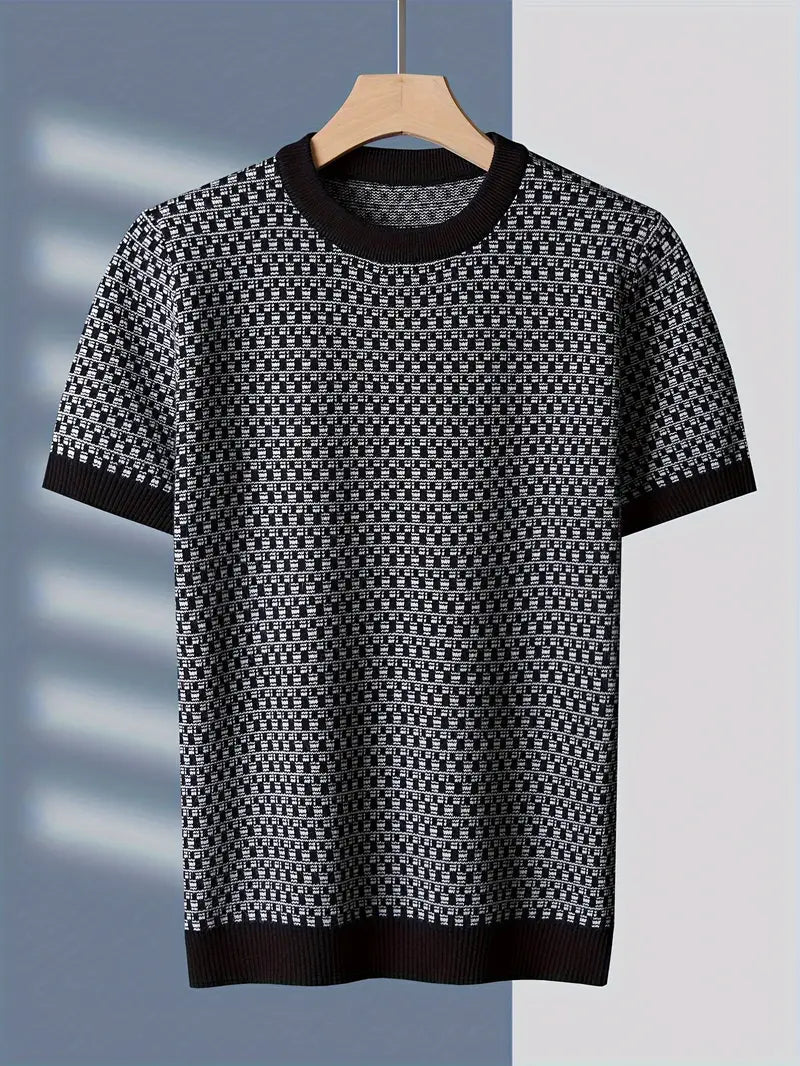 Men’s Plaid Knit Short Sleeve Shirt – Crew Neck, Stretch Fabric with Asymmetrical Hem