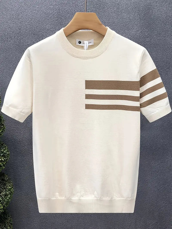 Men’s Summer Knit T-Shirt – Striped Color Block Design in Lightweight Fabric