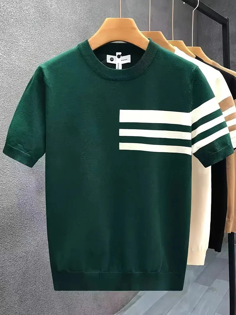 Men’s Summer Knit T-Shirt – Striped Color Block Design in Lightweight Fabric