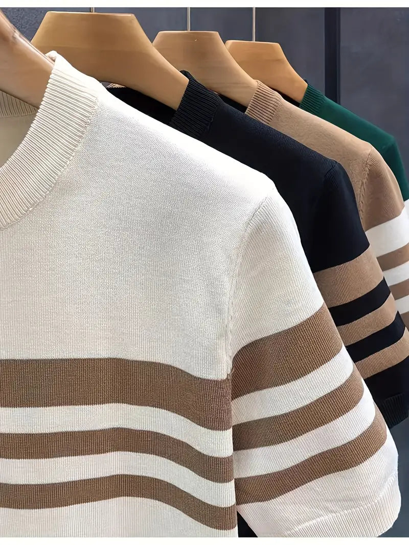 Men’s Summer Knit T-Shirt – Striped Color Block Design in Lightweight Fabric