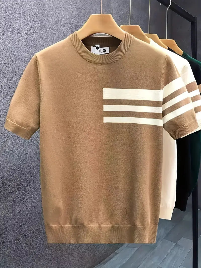 Men’s Summer Knit T-Shirt – Striped Color Block Design in Lightweight Fabric
