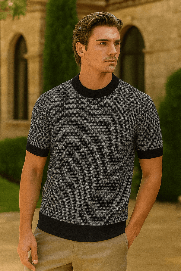 Men’s Plaid Knit Short Sleeve Shirt – Crew Neck, Stretch Fabric with Asymmetrical Hem