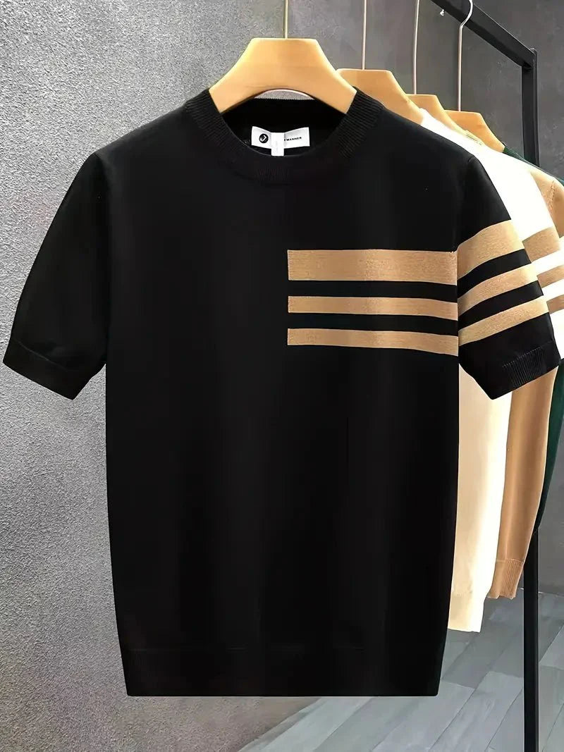 Men’s Summer Knit T-Shirt – Striped Color Block Design in Lightweight Fabric