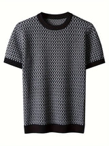 Men’s Plaid Knit Short Sleeve Shirt – Crew Neck, Stretch Fabric with Asymmetrical Hem