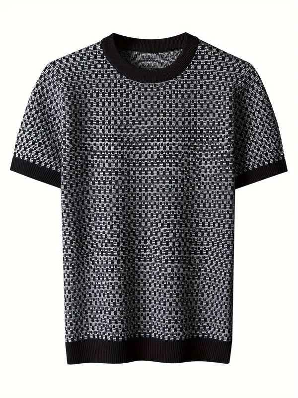 Men’s Plaid Knit Short Sleeve Shirt – Crew Neck, Stretch Fabric with Asymmetrical Hem