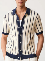 Men’s Striped Knit Polo Shirt – Short Sleeve, Lightweight Viscose with Contrast Collar