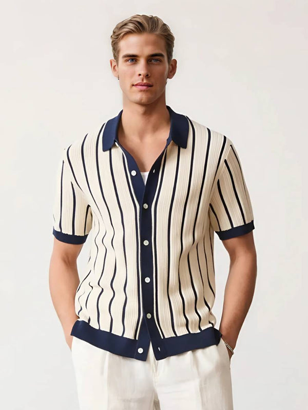 Men’s Striped Knit Polo Shirt – Short Sleeve, Lightweight Viscose with Contrast Collar