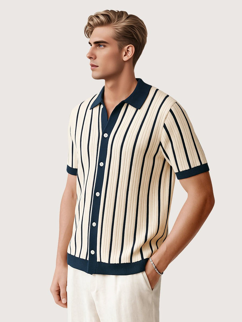 Men’s Striped Knit Polo Shirt – Short Sleeve, Lightweight Viscose with Contrast Collar